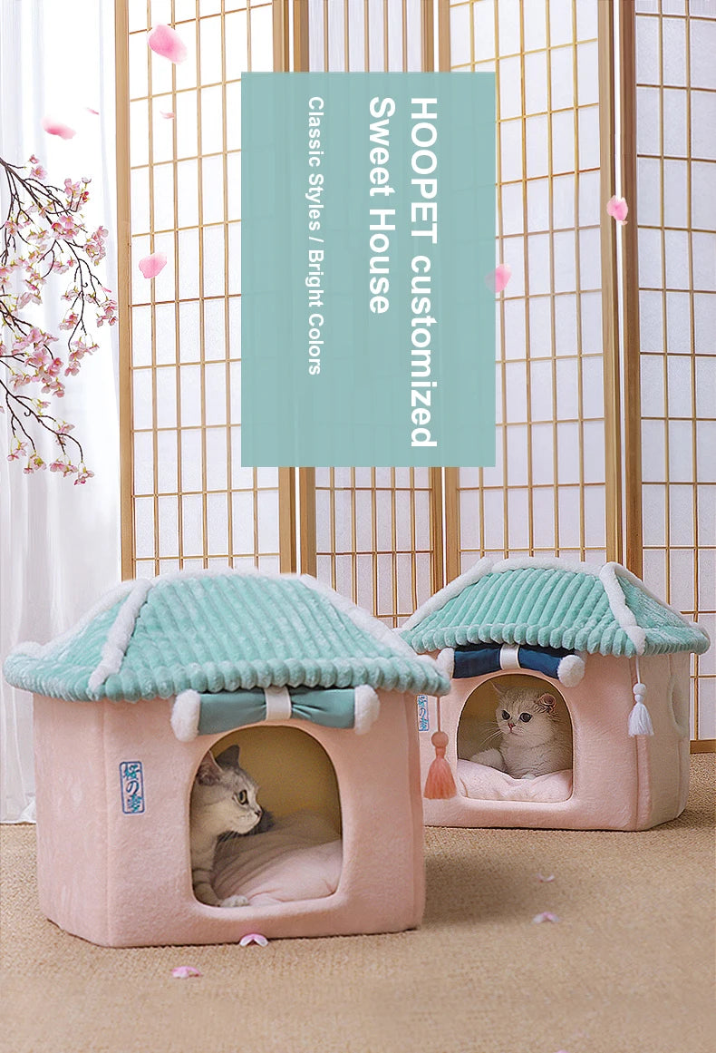 Cute Fully Enclosed Cat House – Warm Winter Sleeping Bed for Cats & Puppies