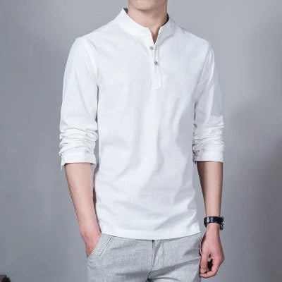 Men’s Spring Linen Long-Sleeve T-Shirt – Slim Fit Stand Collar Base Shirt