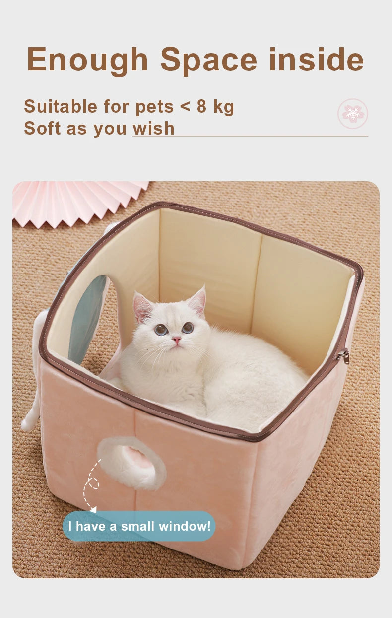 Cute Fully Enclosed Cat House – Warm Winter Sleeping Bed for Cats & Puppies