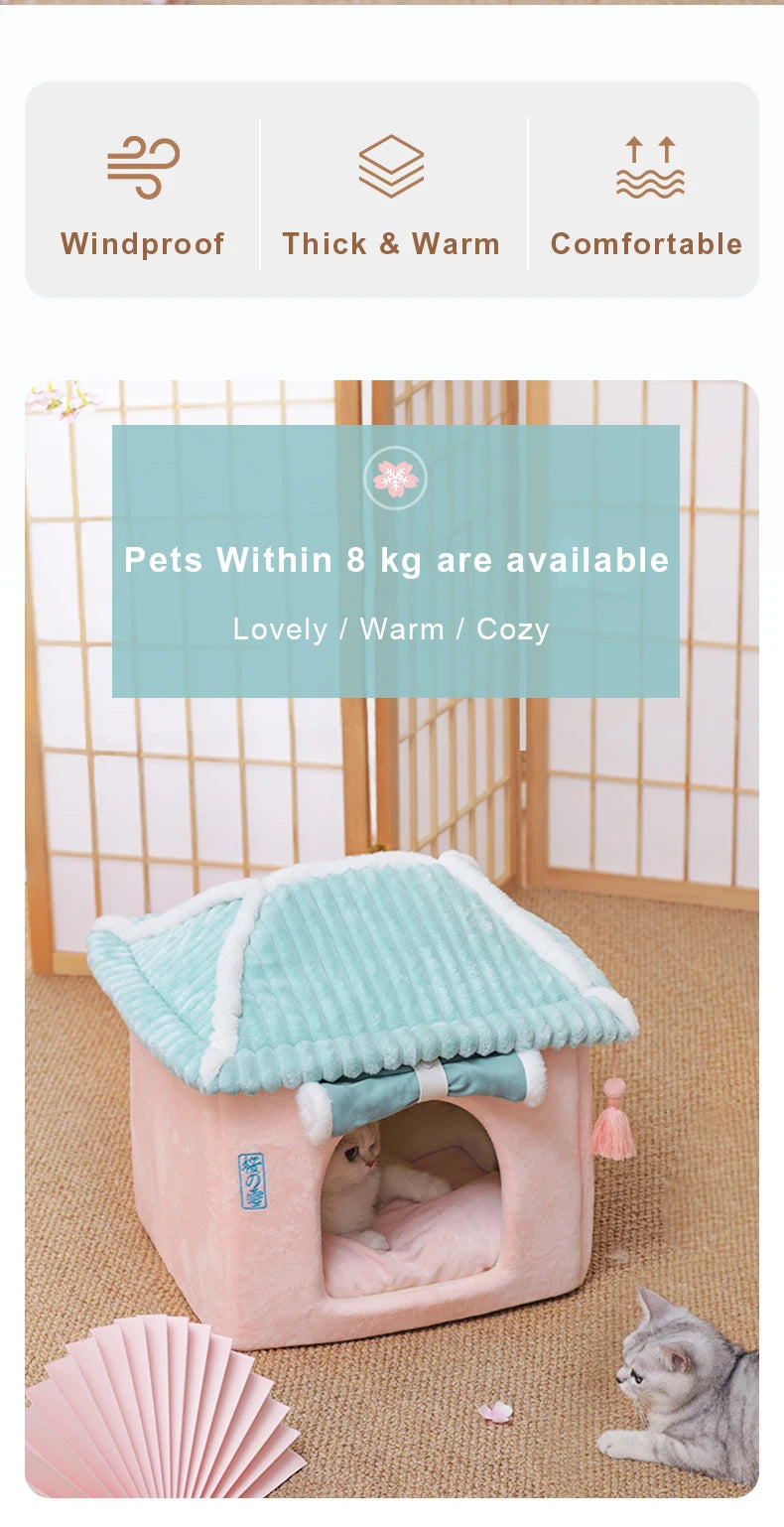 Cute Fully Enclosed Cat House – Warm Winter Sleeping Bed for Cats & Puppies