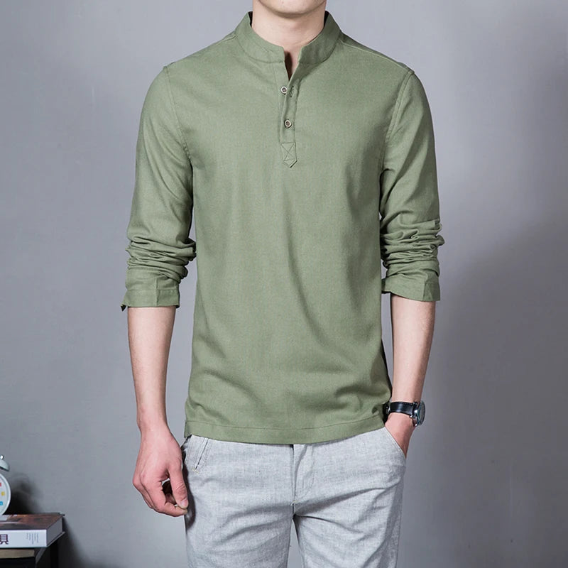 Men’s Spring Linen Long-Sleeve T-Shirt – Slim Fit Stand Collar Base Shirt