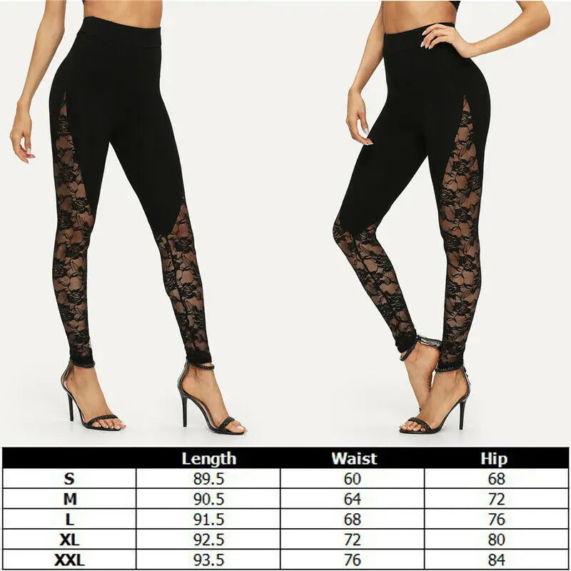 Sexy High Waist Black Lace Leggings Women's Floral Lace Side Panel Cut Out Black Leggings