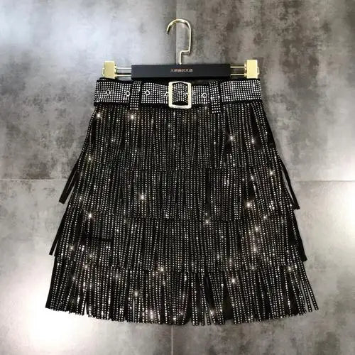 Women’s Autumn Skirt  – High Waist Belted A-Line with Rhinestones, Fringe & Layered Cake Design