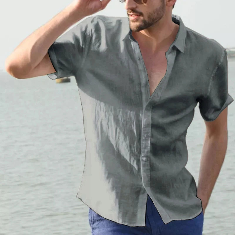 Men’s Casual Short Sleeve Shirt – Solid Color Lapel Button-Down Vintage Streetwear Blouse M-3XL