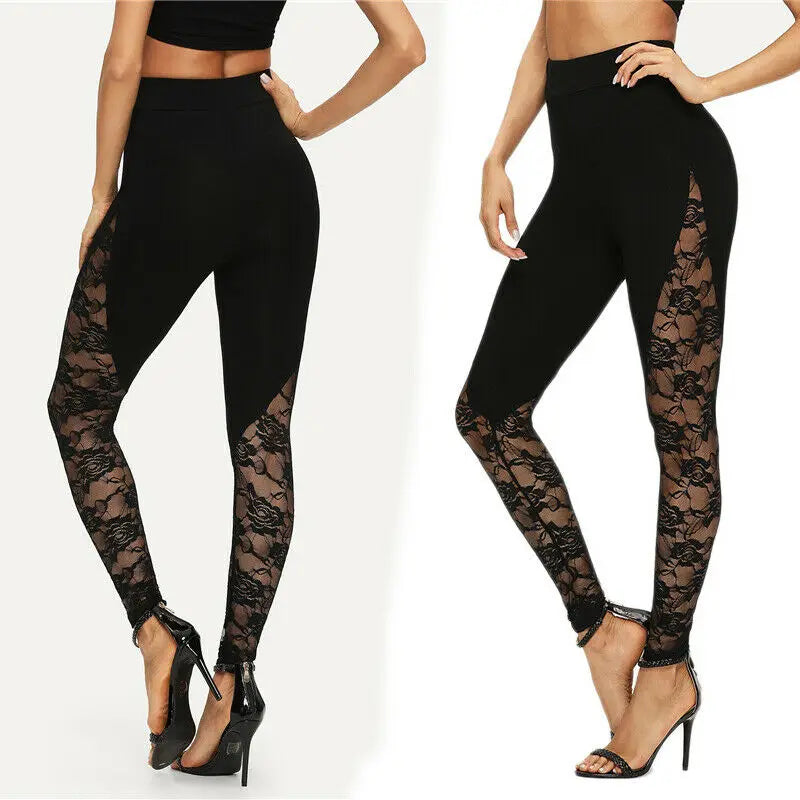 Sexy High Waist Black Lace Leggings Women's Floral Lace Side Panel Cut Out Black Leggings