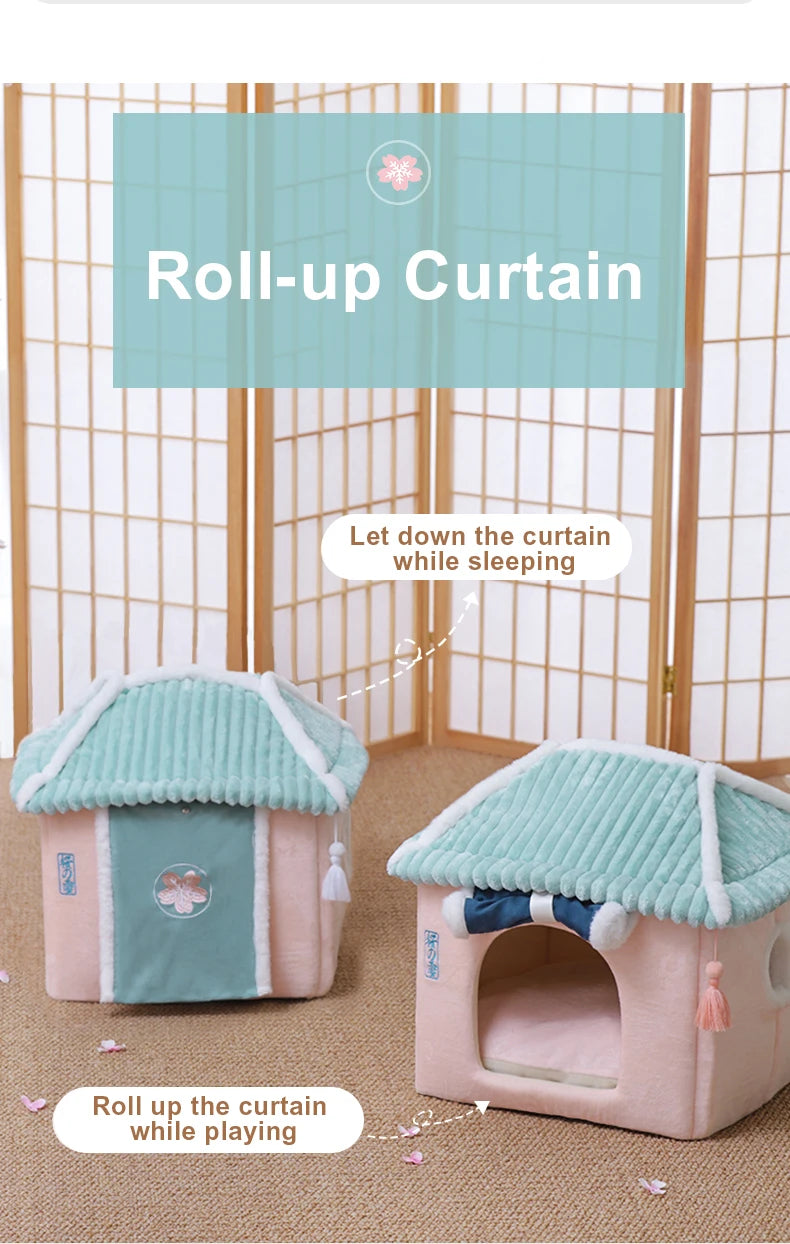 Cute Fully Enclosed Cat House – Warm Winter Sleeping Bed for Cats & Puppies
