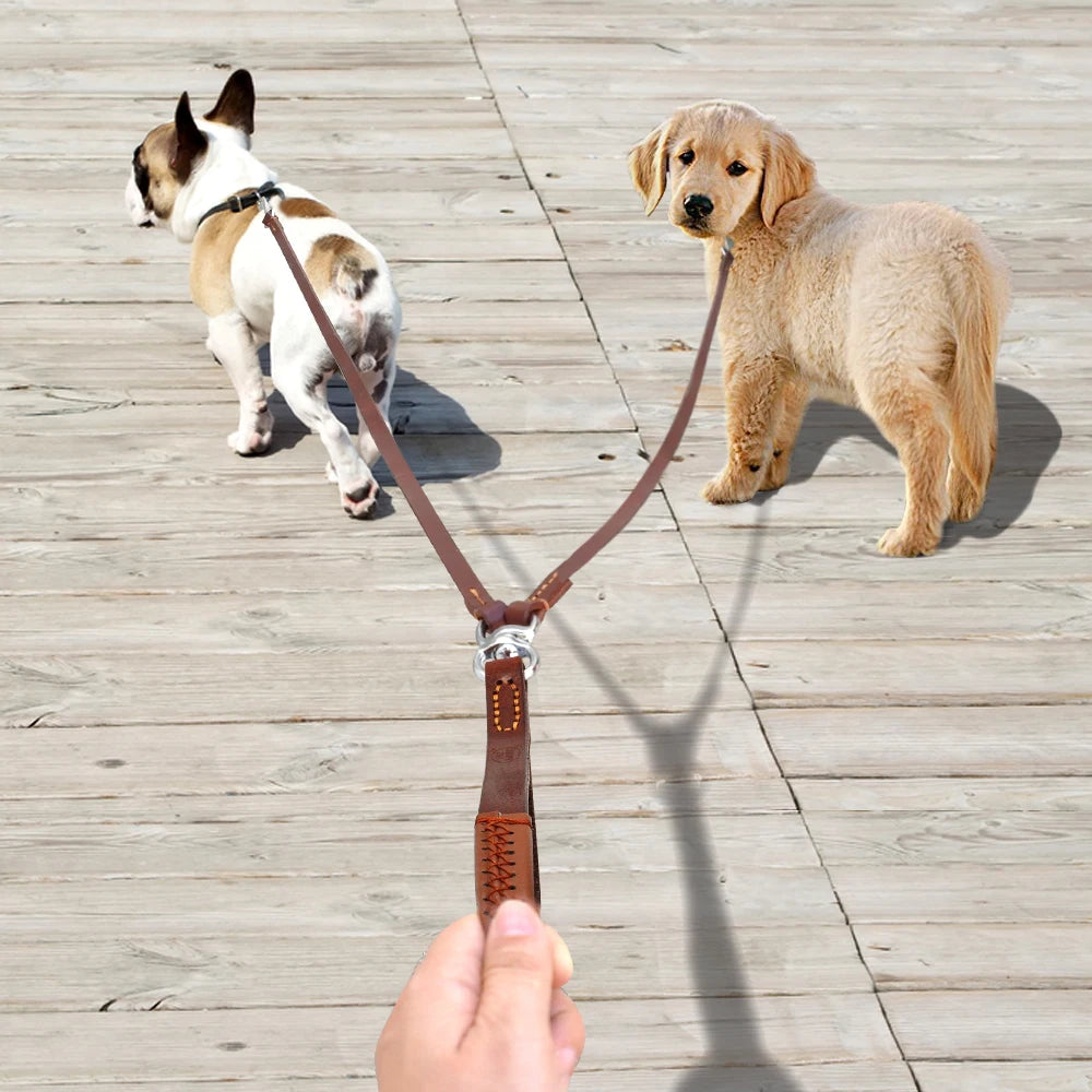 Genuine Leather Dual Dog Leash - Tangle-Free Two Pet Walking Lead