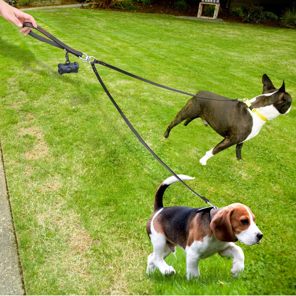 Genuine Leather Dual Dog Leash - Tangle-Free Two Pet Walking Lead