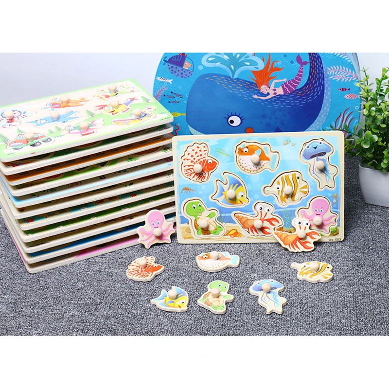 Baby Toys Montessori Wooden Puzzle Cartoon Vehicle Marine Animal Puzzle 12 Styles Board Set Educational Wooden Toy Child Gifts
