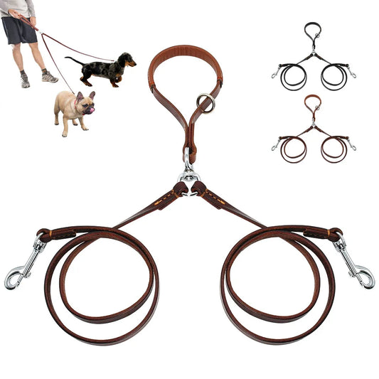 Genuine Leather Dual Dog Leash - Tangle-Free Two Pet Walking Lead