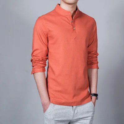 Men’s Spring Linen Long-Sleeve T-Shirt – Slim Fit Stand Collar Base Shirt