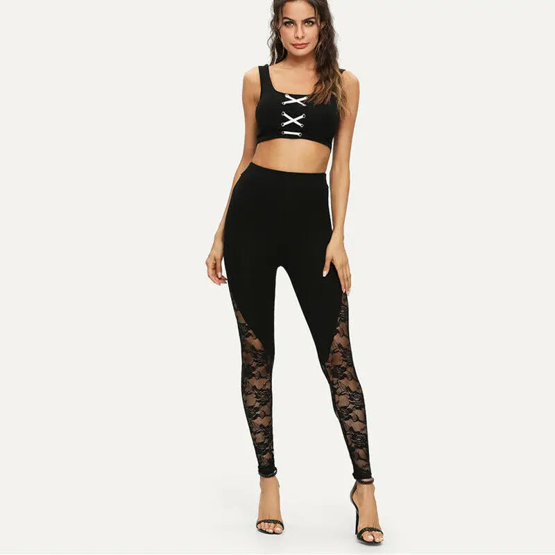 Sexy High Waist Black Lace Leggings Women's Floral Lace Side Panel Cut Out Black Leggings