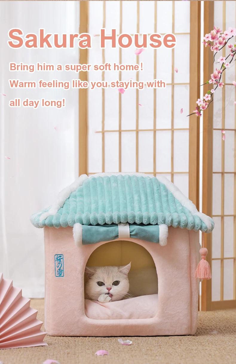 Cute Fully Enclosed Cat House – Warm Winter Sleeping Bed for Cats & Puppies