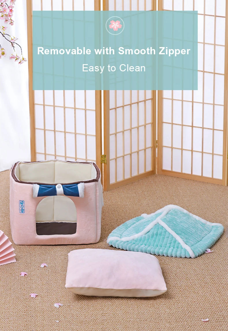 Cute Fully Enclosed Cat House – Warm Winter Sleeping Bed for Cats & Puppies