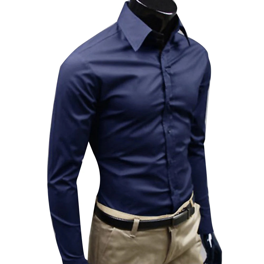 Men’s Dress Shirt – Solid Color Long Sleeve Business Shirt with Turn-Down Collar