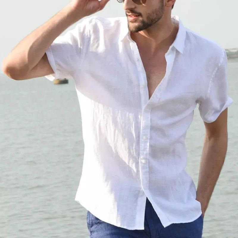 Men’s Casual Short Sleeve Shirt – Solid Color Lapel Button-Down Vintage Streetwear Blouse M-3XL