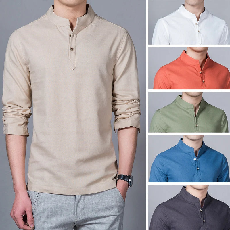 Men’s Spring Linen Long-Sleeve T-Shirt – Slim Fit Stand Collar Base Shirt