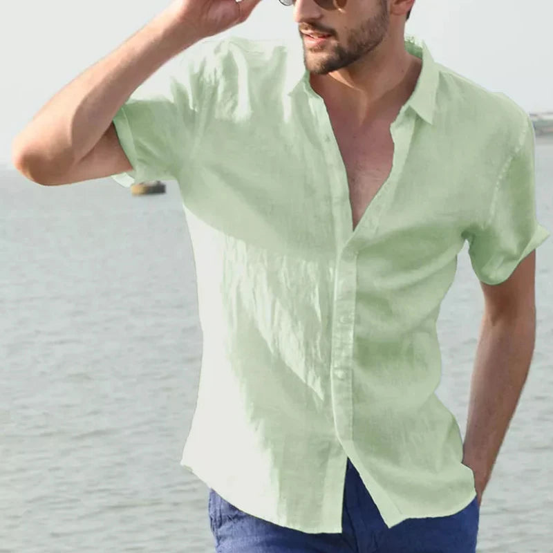 Men’s Casual Short Sleeve Shirt – Solid Color Lapel Button-Down Vintage Streetwear Blouse M-3XL