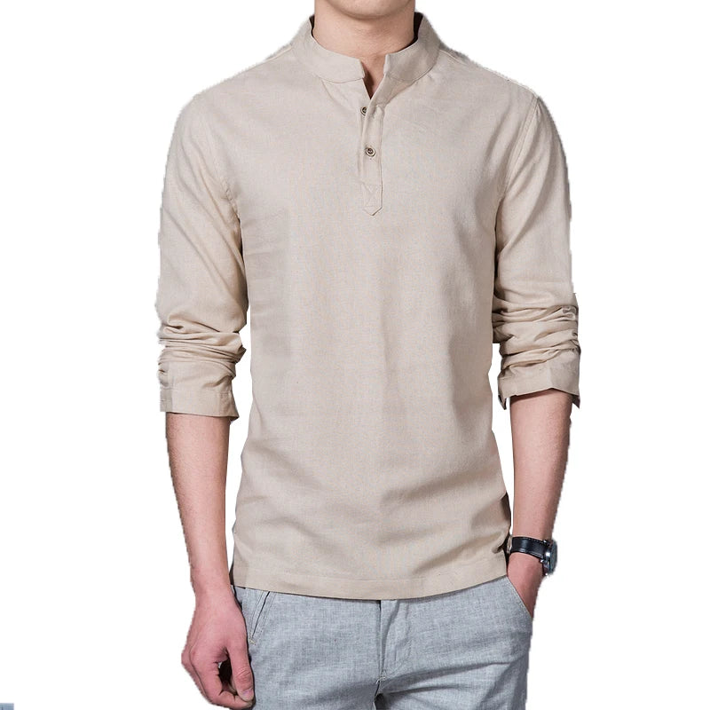 Men’s Spring Linen Long-Sleeve T-Shirt – Slim Fit Stand Collar Base Shirt