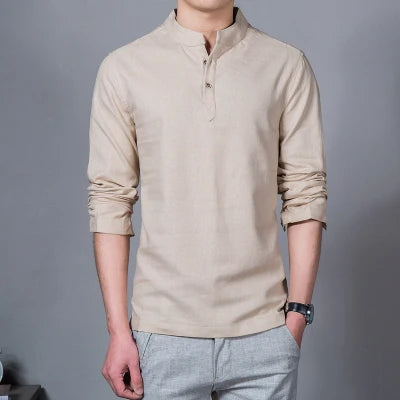 Men’s Spring Linen Long-Sleeve T-Shirt – Slim Fit Stand Collar Base Shirt
