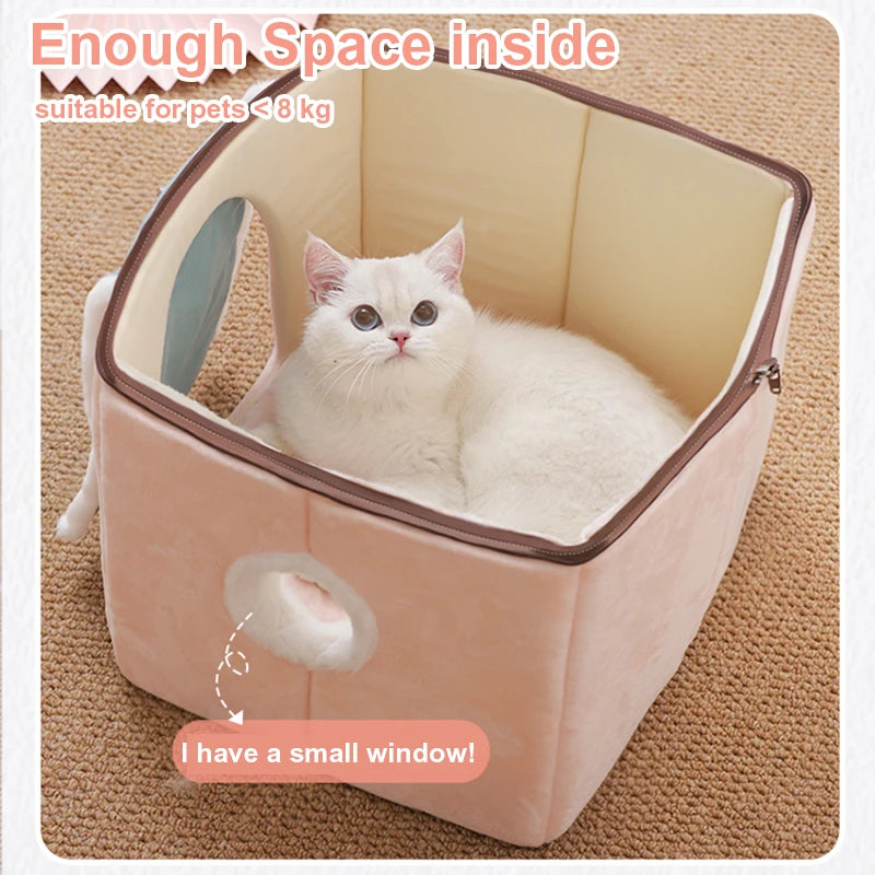 Cute Fully Enclosed Cat House – Warm Winter Sleeping Bed for Cats & Puppies