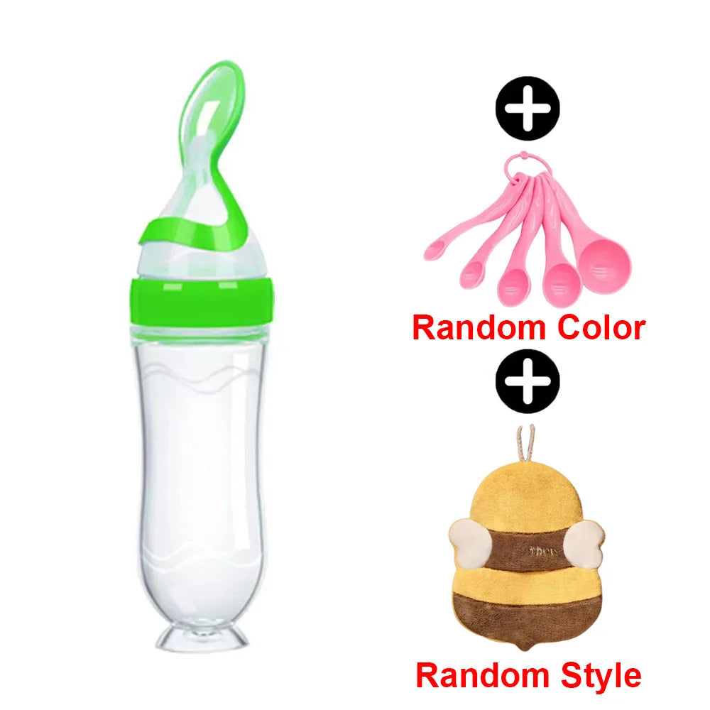 Infant Baby Squeezing Feeding Spoon Baby Silicone Baby Feeding Vegetable Fruit Bottle Baby Dish Scale spoon & hand towel set - PULSE MART