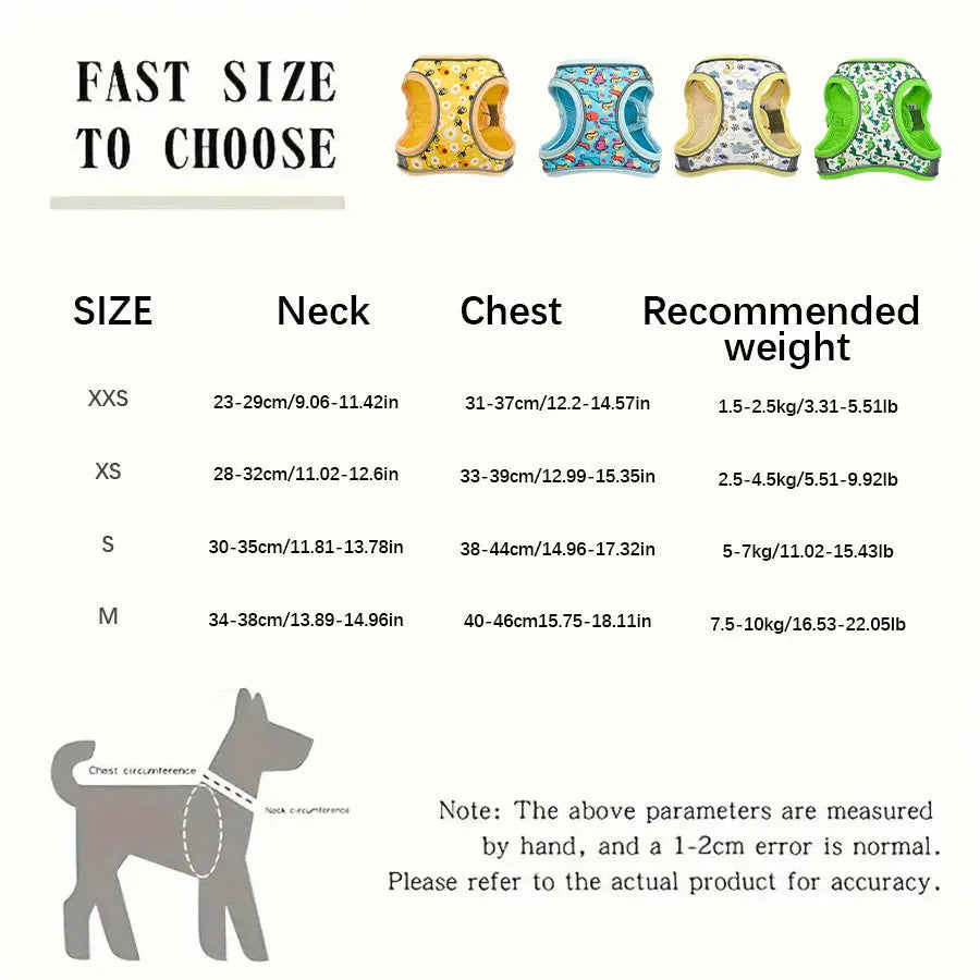 DH009 Cartoon Dog Harness and Leash Set: Breathable Honeycomb Mesh Vest