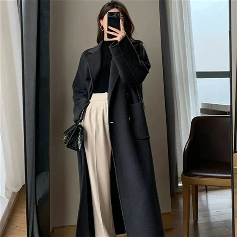 Women’s Korean Fashion Long Woolen Coat – Thickened Winter Overcoat - PULSE MART