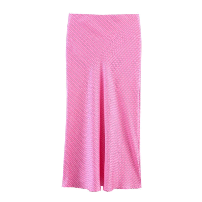 Women's Skirt New Summer 2025 Pink Striped Silk Satin Midi Skirt Fashionable and versatile