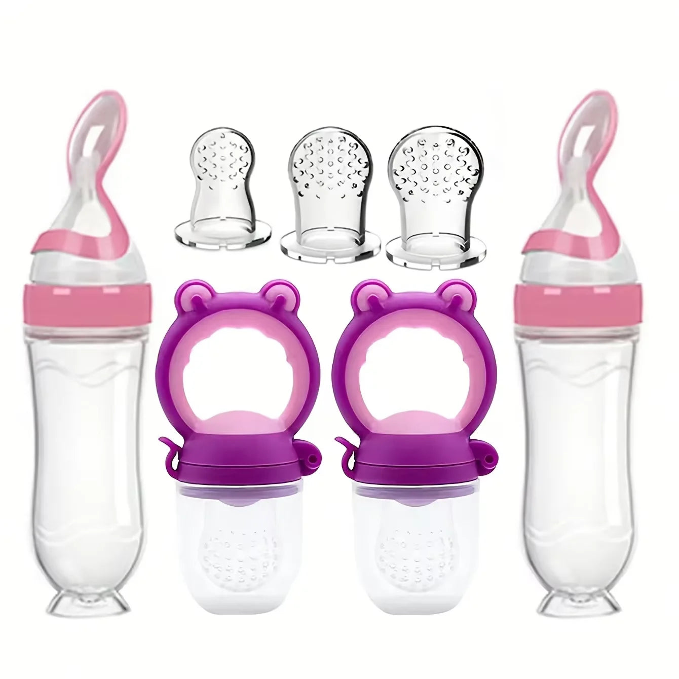 7pcs Baby Feeding Set: 2pcs Soft Silicone Feeding Bottle with Spoon,2pcs Fruit Feeder Pacifier with 3-Size Nipples - PULSE MART