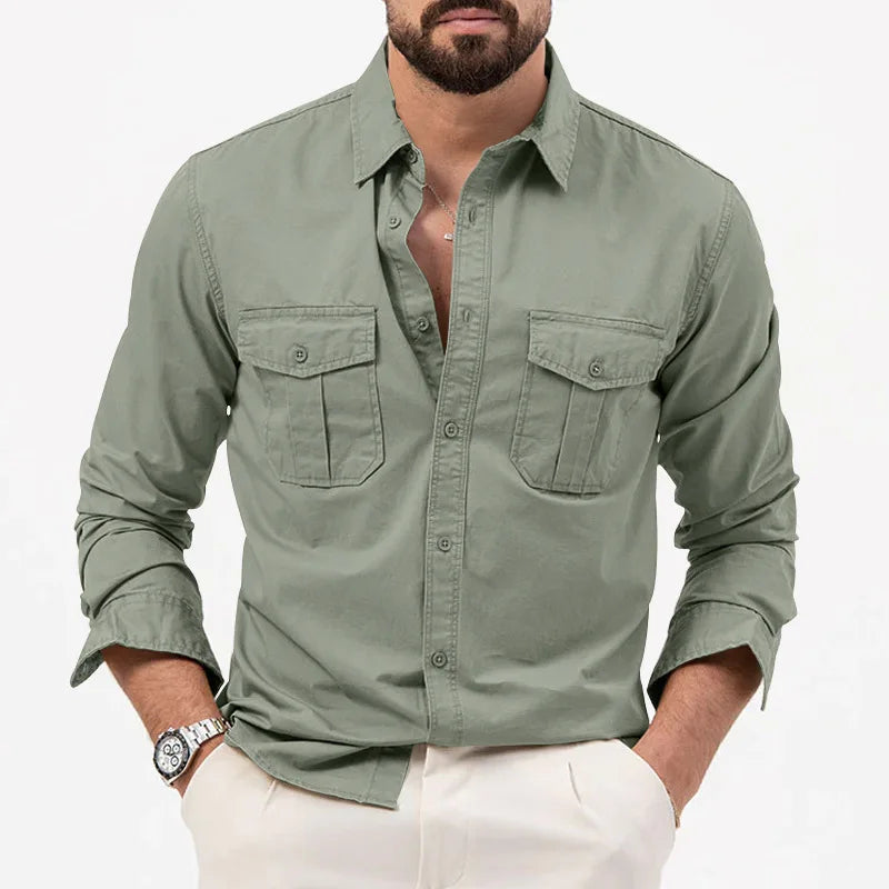 Men’s Business Casual Shirt – Army Green Long Sleeve Camisa Masculina