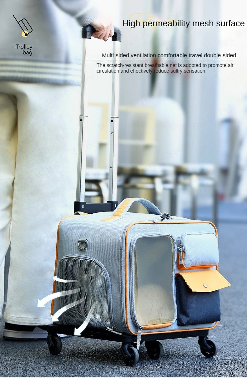Rolling Pet Carrier Backpack – Detachable Cat & Dog Trolley Travel Bag for Small Pets