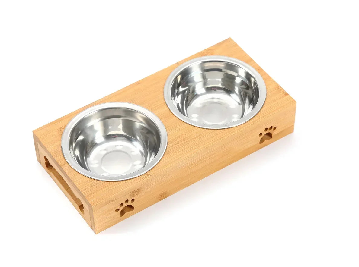 Ceramic Elevated Double Pet Bowls - Bamboo Wooden Stand for Cats & Small Dogs