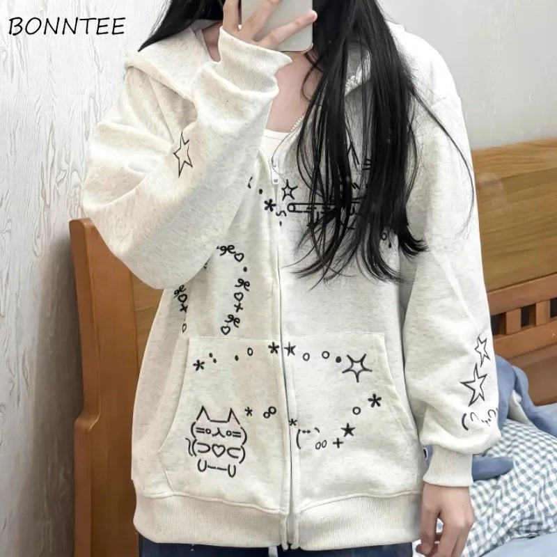 With Hat Hoodies Women Loose Fit Cute Embroidery Design Lazy Style Chic Outwear