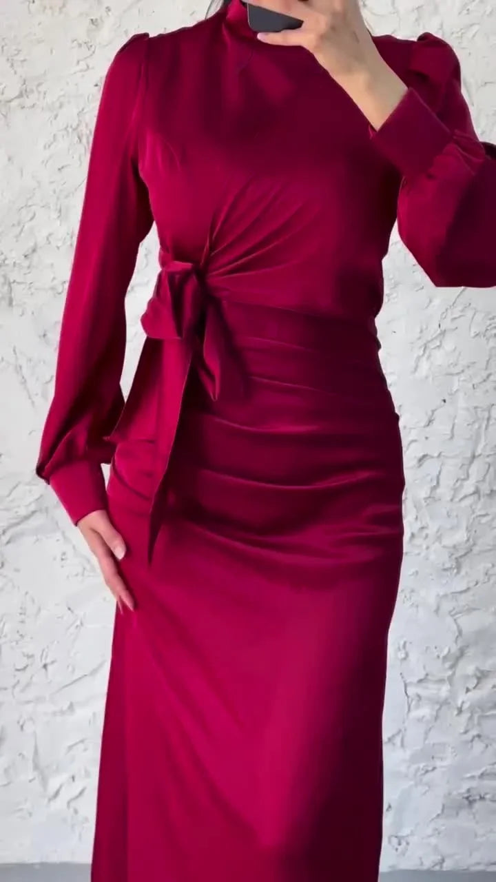 Elegant Satin Party Dress 2024 – Autumn Long Sleeve, Round Neck Skinny Evening Outfit
