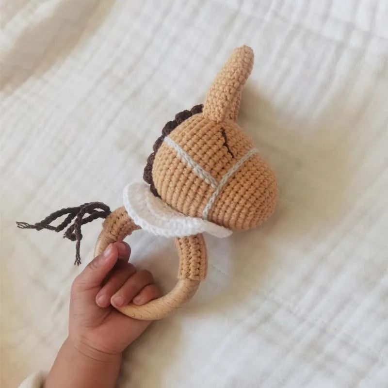 Amigurumi Cartoon Animal Baby Rattle Cute Wooden Ring Handhold Newborn Rattle Toys Handmade Pacifier Clips Kids Educational Toys - PULSE MART