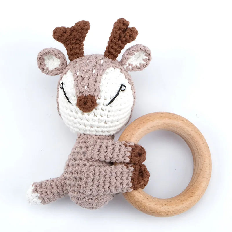 Amigurumi Cartoon Animal Baby Rattle Cute Wooden Ring Handhold Newborn Rattle Toys Handmade Pacifier Clips Kids Educational Toys - PULSE MART