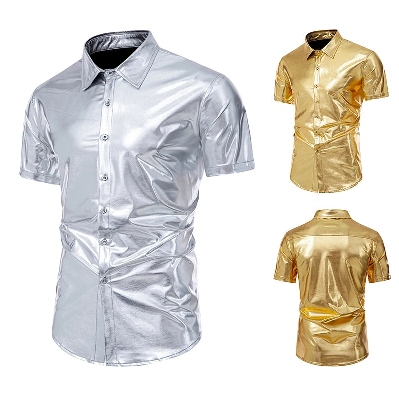 Men’s Metallic Shiny Short Sleeve Shirt – Party Casual Dress Shirt SS29