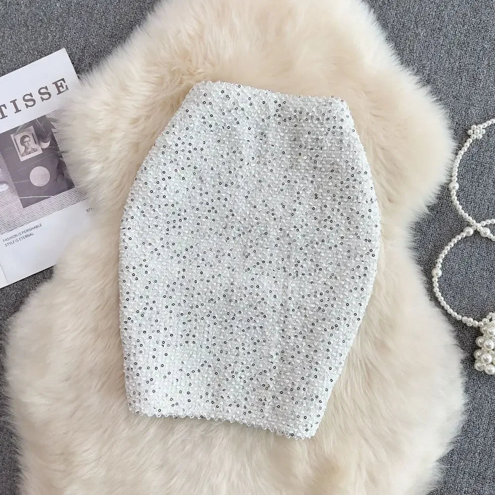 Women’s Autumn Skirt 2025 – High Waist Belted A-Line with Rhinestones, Fringe & Layered Cake Design