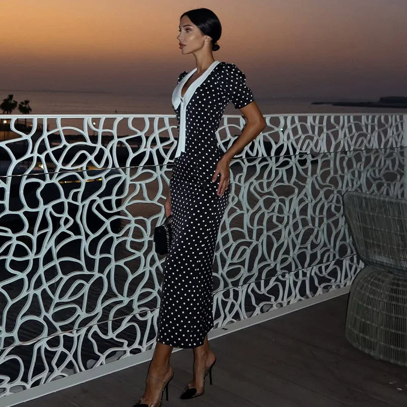 Women’s Dot Print Sheath Dress – V-Neck, Short Sleeve, Turn-Down Collar Streetwear