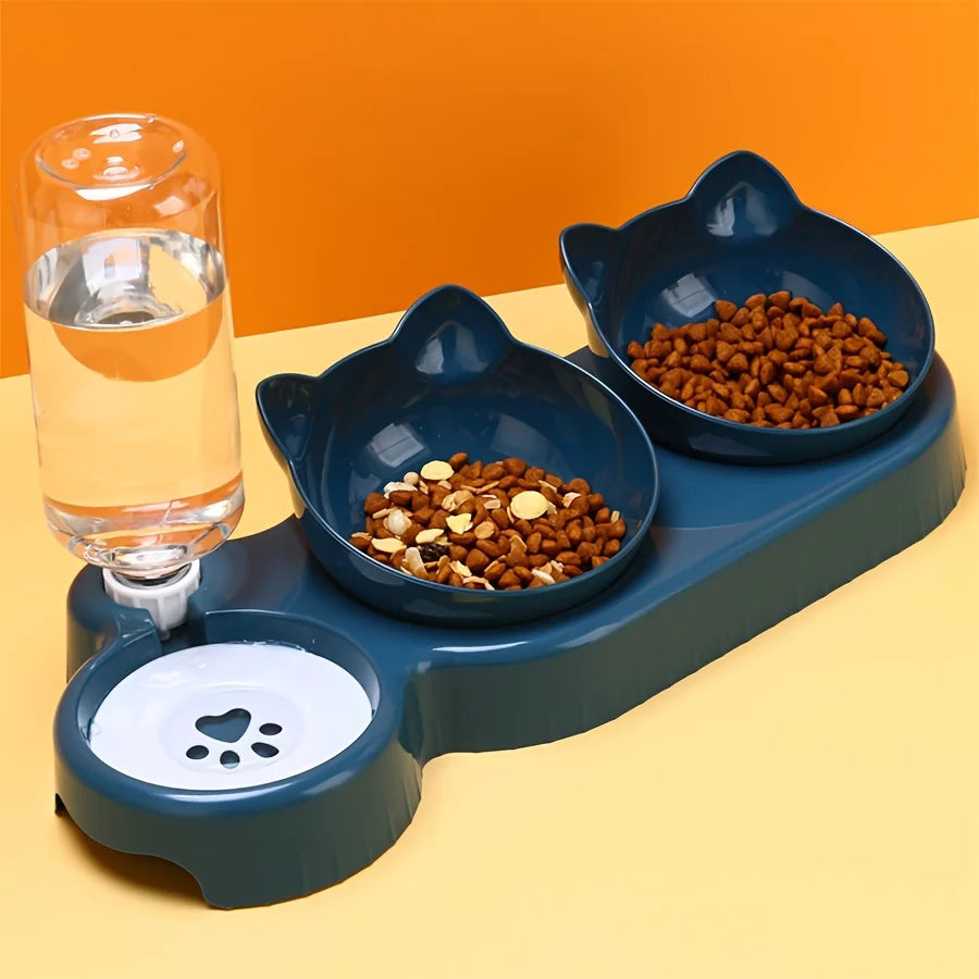 3-in-1 Elevated Cat Bowl & Gravity Water Feeder – Tilted Food & Water Bowl Set for Cats & Small Dogs