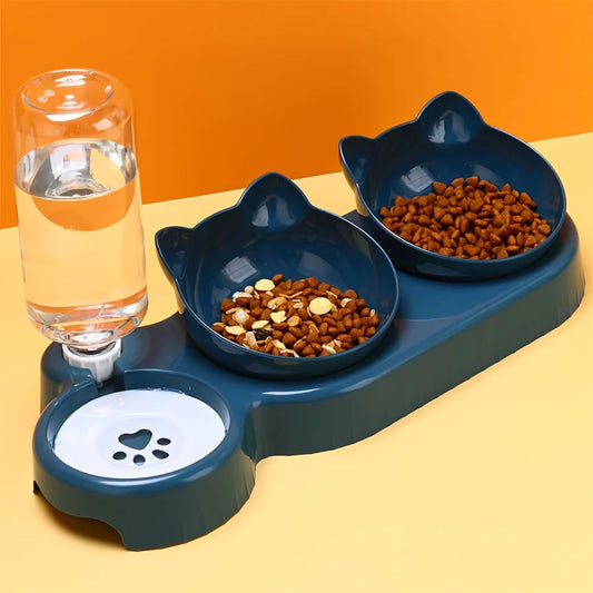 3-in-1 Elevated Cat Bowl & Gravity Water Feeder – Tilted Food & Water Bowl Set for Cats & Small Dogs