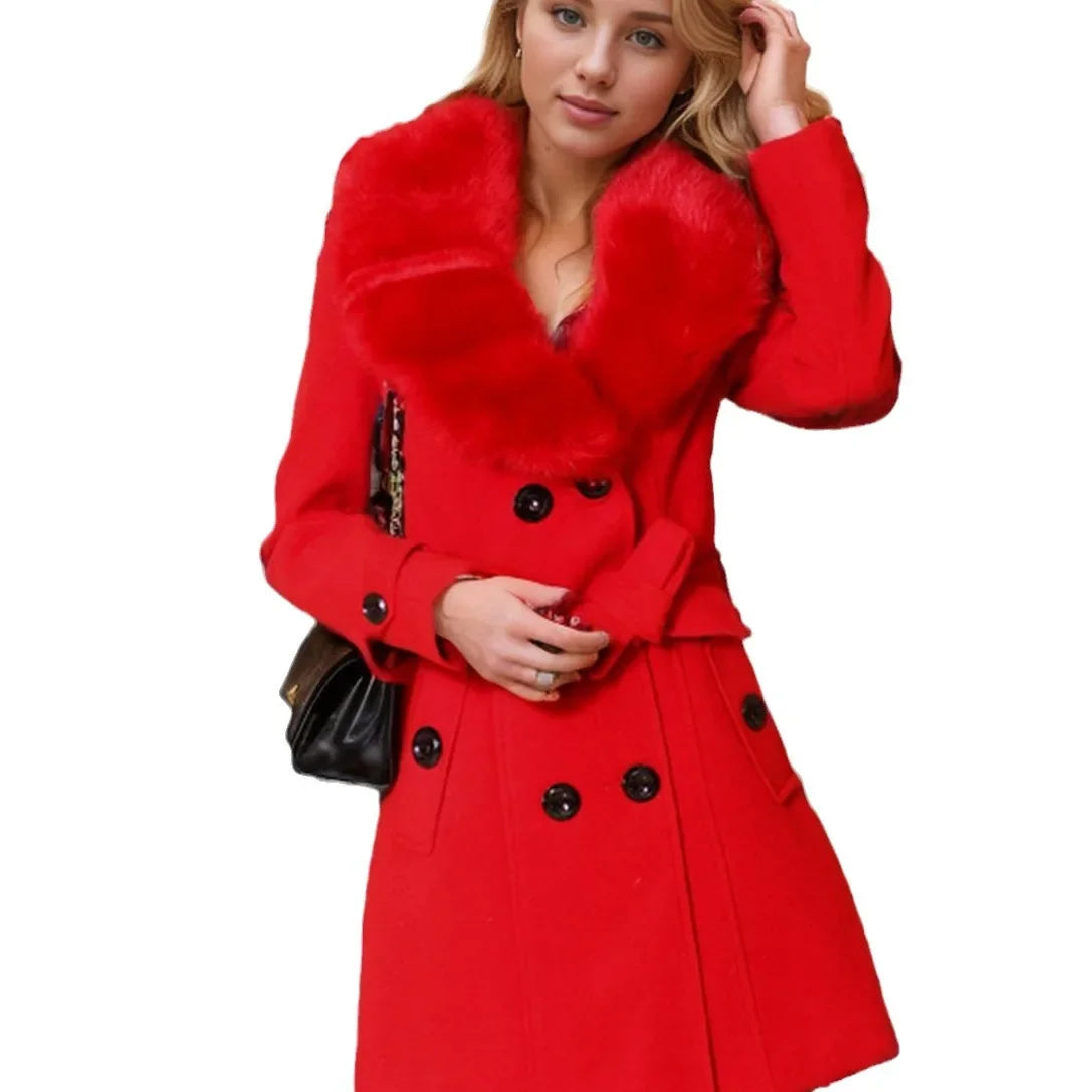 Women’s Long Woolen Coat with Large Fur Collar - PULSE MART