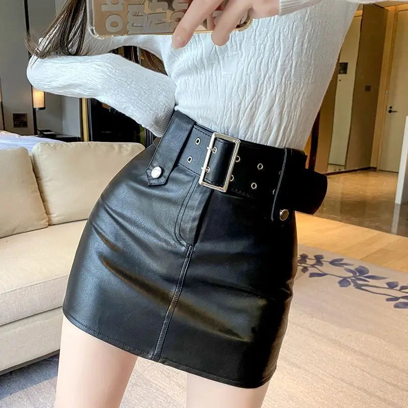 korean fashion women clothing  Solid  Button  Above Knee, Mini  vintage leather  black skirt