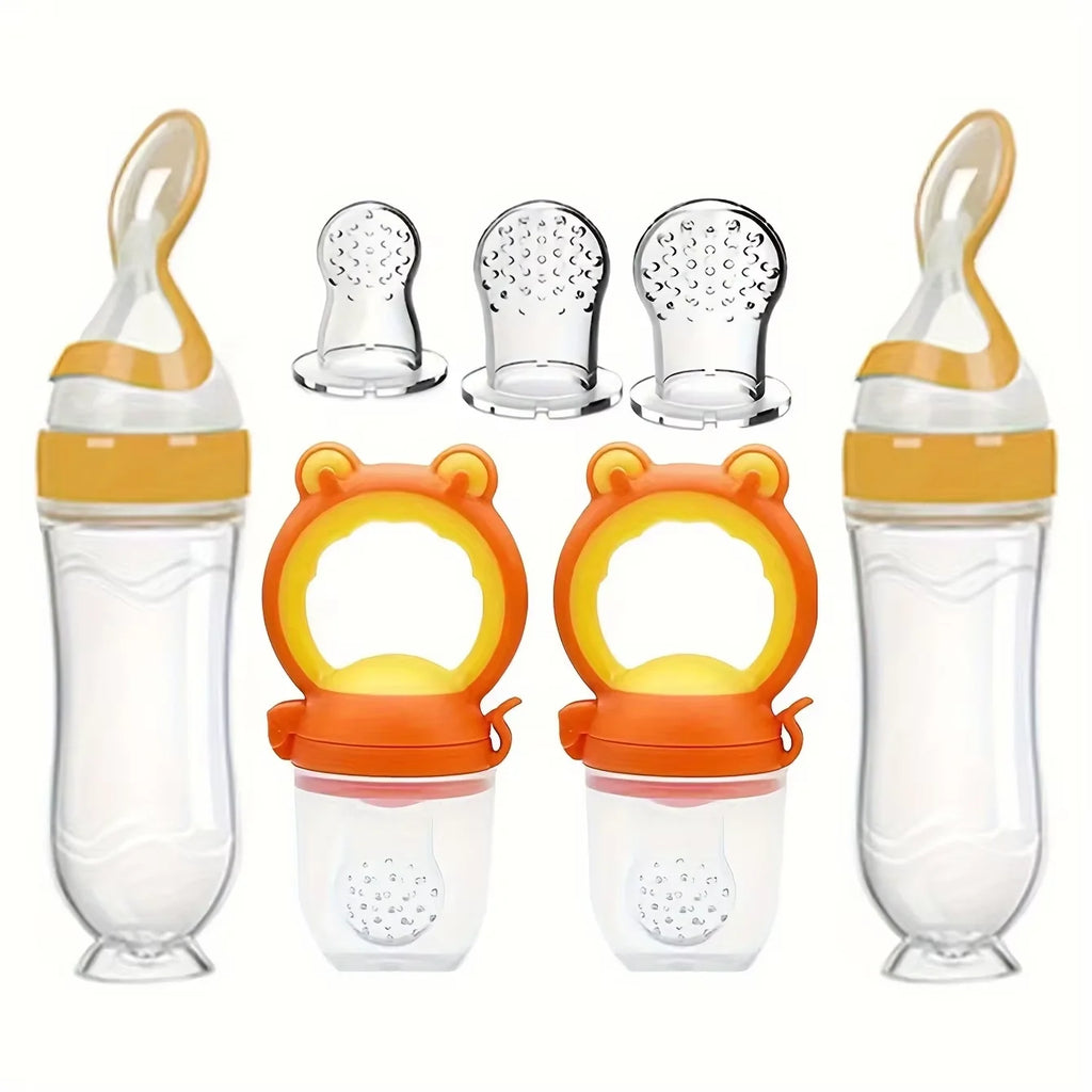 7pcs Baby Feeding Set: 2pcs Soft Silicone Feeding Bottle with Spoon,2pcs Fruit Feeder Pacifier with 3-Size Nipples - PULSE MART