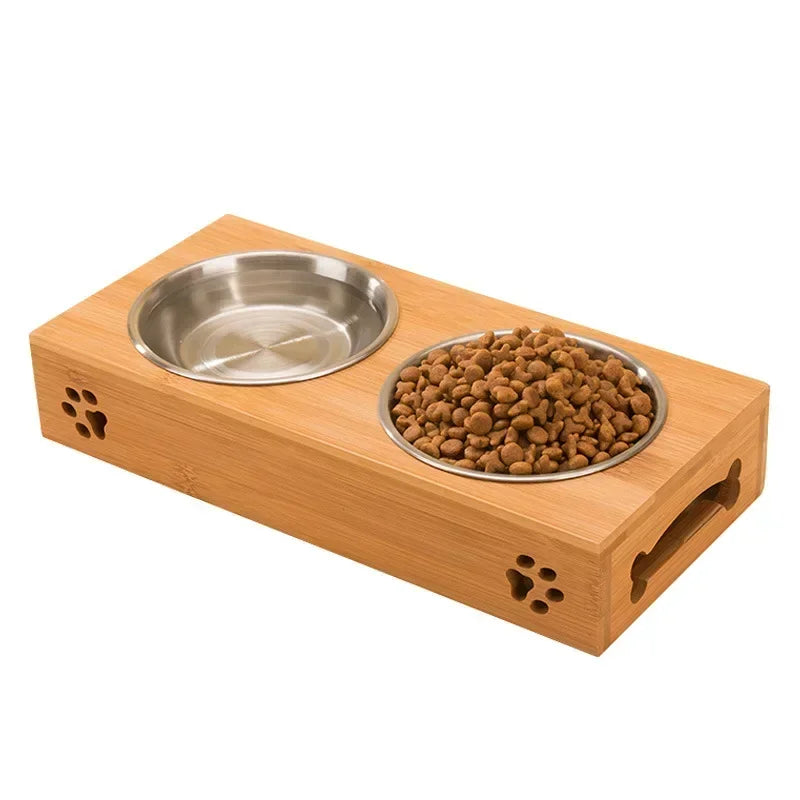 Ceramic Elevated Double Pet Bowls - Bamboo Wooden Stand for Cats & Small Dogs
