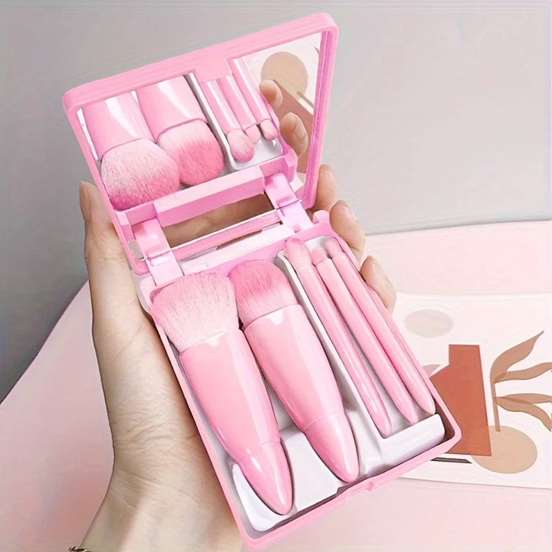 Portable Makeup Brush Set - 5-Piece Foldable Travel Kit with Mirror - PULSE MART