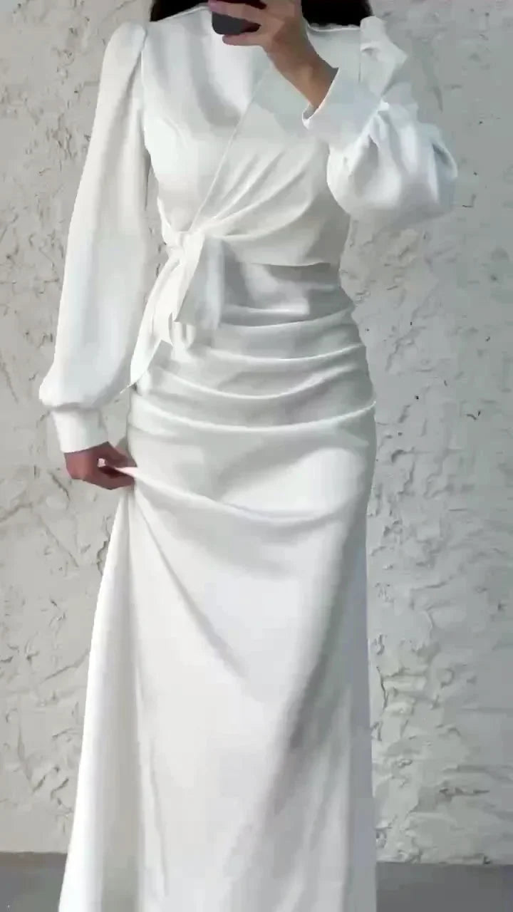 Elegant Satin Party Dress 2024 – Autumn Long Sleeve, Round Neck Skinny Evening Outfit