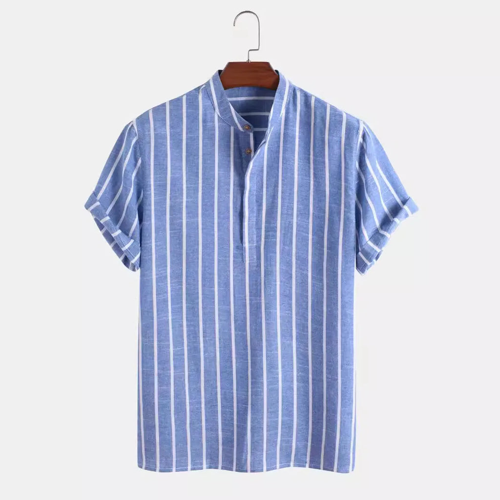Men’s Striped Short Sleeve Shirt – Casual Linen Blend Stand Collar Summer Top