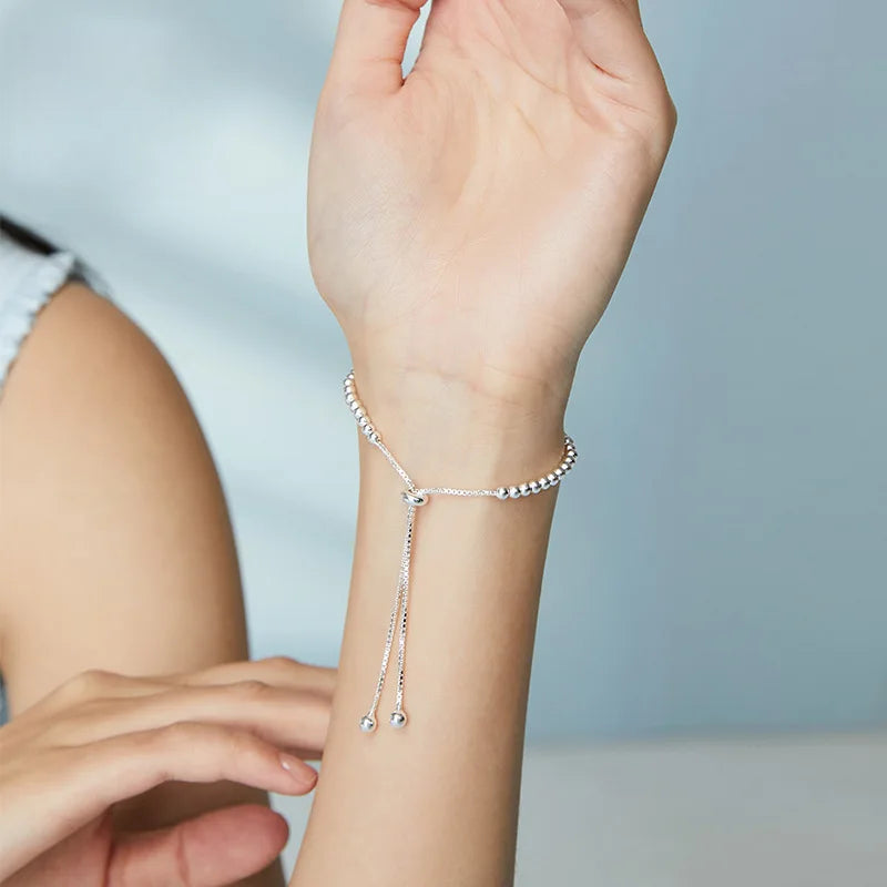 925 Sterling Silver Beads Bracelets for Women 100% Solid Adjustable Handmade